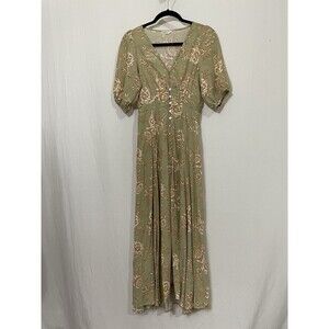 Kivari Lani Dress Midi Size Small Khaki Floral Short Sleeve Boho